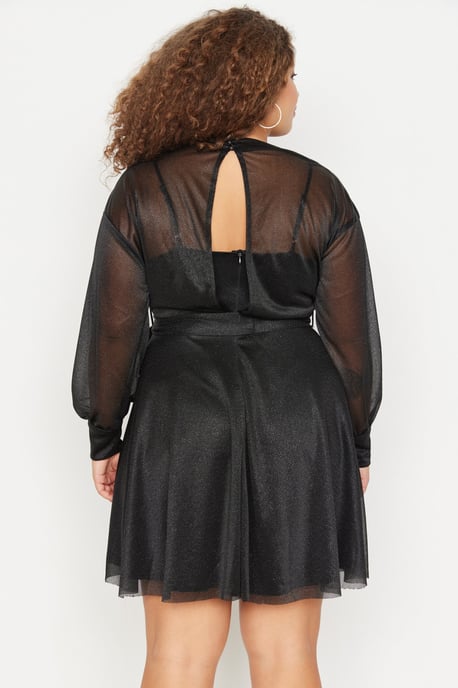 Trendyol Curve Damen Schwarz Einfarbig Kurz / Mini Lang Elegant/Abend Skater Große Größen Kleid - Image 4