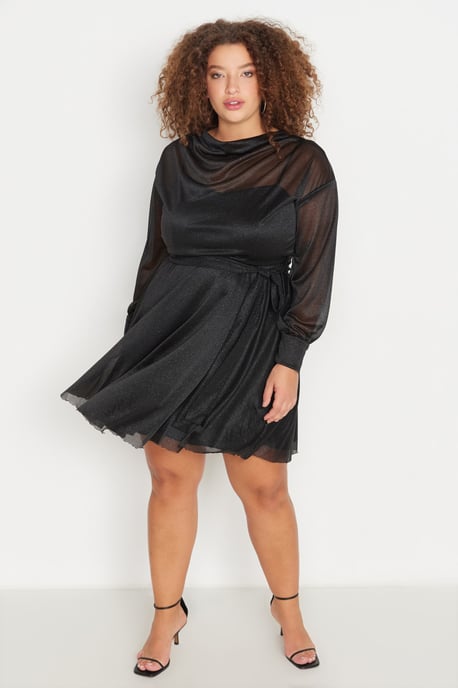Trendyol Curve Damen Schwarz Einfarbig Kurz / Mini Lang Elegant/Abend Skater Große Größen Kleid - Image 6