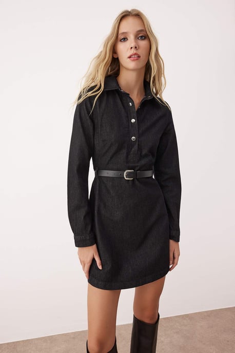 TRENDYOLMİLLA Damen Schwarz Einfarbig Extra Kurz / Super Mini Lang Casual A-Linie Kleider - Image 6