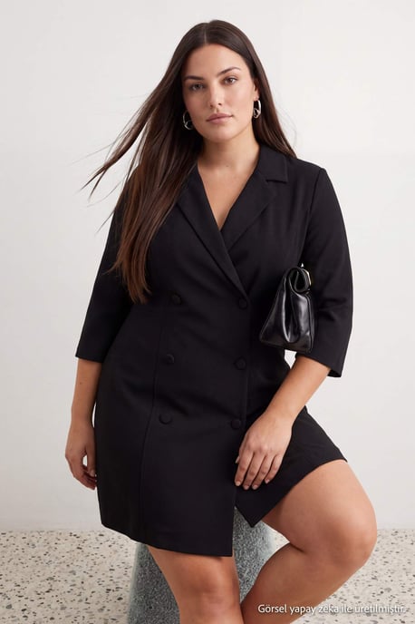 Trendyol Curve Damen Schwarz Einfarbig Kurz / Mini 3/4-Arm A-Linie Große Größen Kleid - Image 1
