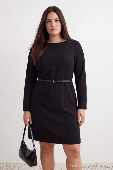 Trendyol Curve Damen Schwarz Einfarbig Kurz / Mini Lang A-Linie Große Größen Kleid - Image 2