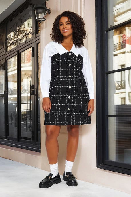 Trendyol Curve Damen Schwarz Kariert Kurz / Mini Lang Casual Bodycon Große Größen Kleid - Image 2