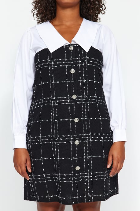 Trendyol Curve Damen Schwarz Kariert Kurz / Mini Lang Casual Bodycon Große Größen Kleid - Image 3
