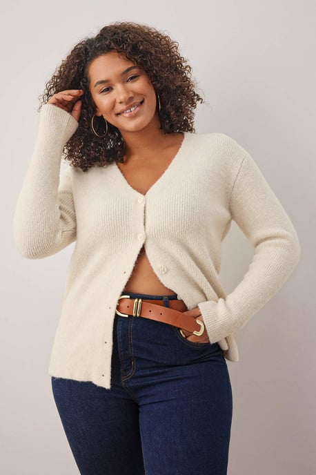 Trendyol Curve Damen Ecru Einfarbig Lang Regular Fit Große Größen Cardigans - Image 4