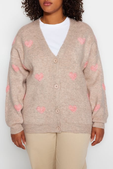 Trendyol Curve Damen Ecru Herz Lang Relaxed Fit Große Größen Cardigans - Image 2