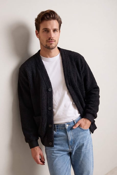 TRENDYOL MAN Herren Schwarz Einfarbig Lang Oversize Cardigans - Image 1