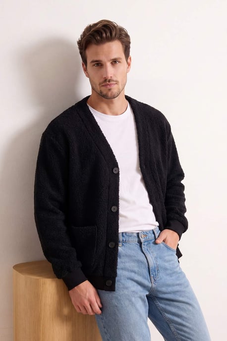 TRENDYOL MAN Herren Schwarz Einfarbig Lang Oversize Cardigans - Image 6