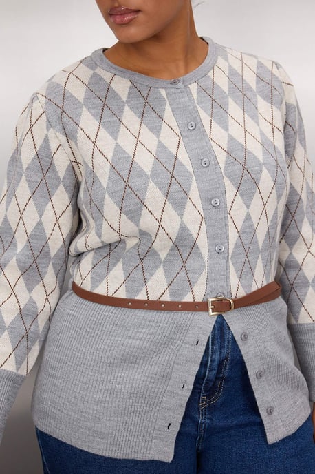Trendyol Curve Damen Grau Rautenmuster Lang Regular Fit Große Größen Cardigans - Image 2
