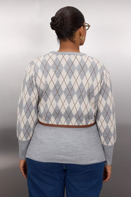 Trendyol Curve Damen Grau Rautenmuster Lang Regular Fit Große Größen Cardigans - Image 3