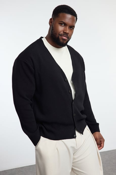 TRENDYOL MAN Herren Schwarz Einfarbig Lang Regular Fit Große Größen Cardigans - Image 1