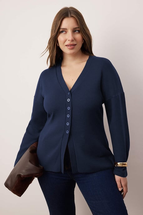 Trendyol Curve Damen-Cardigan, einfarbig, lang, tailliert, große Größen - Marineblau/Blau - Image 4