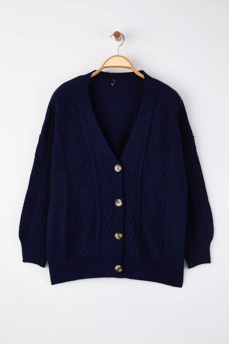 Trendyol Curve Damen Dunkelblau Zopfstrick Lang Regular Fit Große Größen Cardigans - Image 4