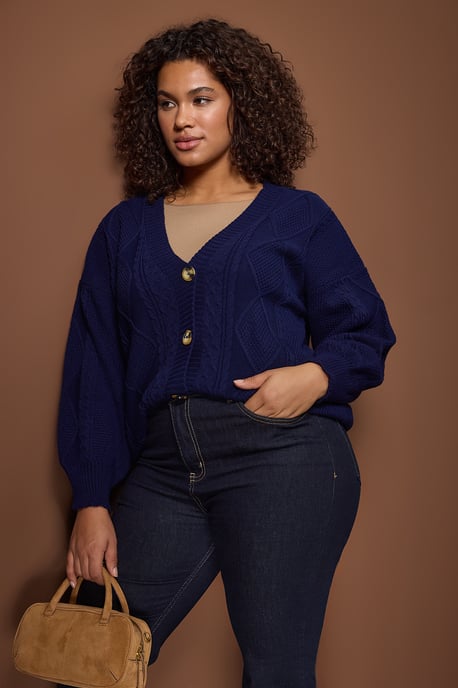 Trendyol Curve Damen Dunkelblau Zopfstrick Lang Regular Fit Große Größen Cardigans - Image 6