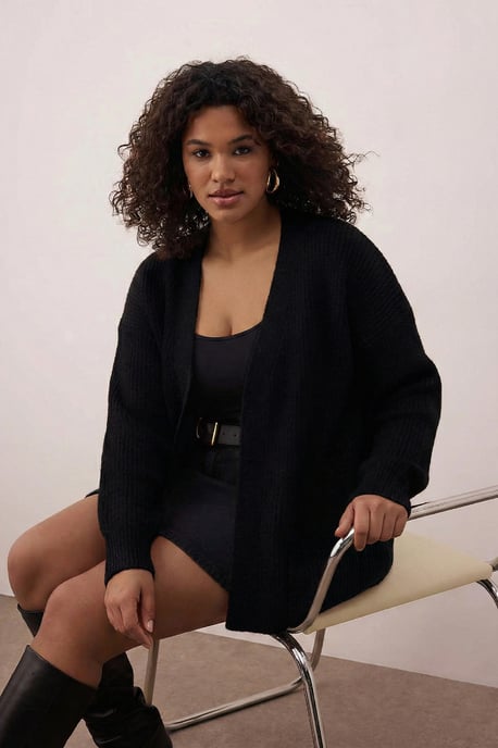 Trendyol Curve Damen Schwarz Einfarbig Lang Regular Fit Große Größen Cardigans - Image 5