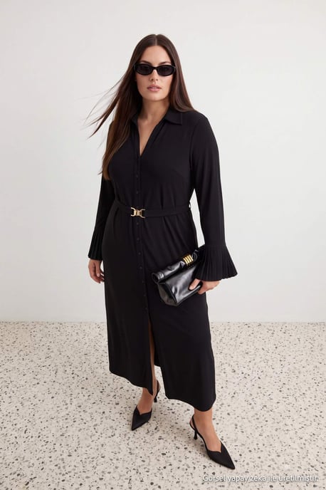 Trendyol Curve Damen Schwarz Einfarbig Maxi Lang Gerade Große Größen Kleid - Image 3