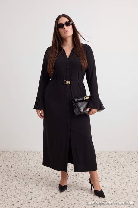 Trendyol Curve Damen Schwarz Einfarbig Maxi Lang Gerade Große Größen Kleid - Image 6
