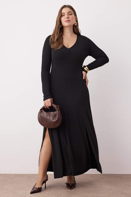 Trendyol Curve Damen Schwarz Einfarbig Maxi Lang Abend / Alltag A-Linie Große Größen Kleid - Image 1
