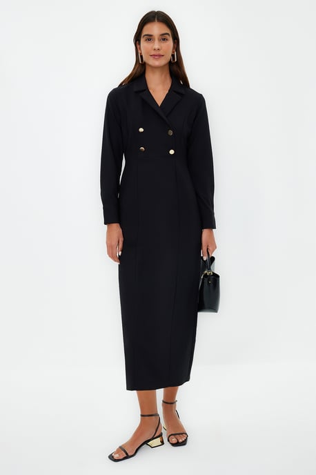 Trendyol Modest Damen Schwarz Einfarbig Maxi 3/4-Arm Casual Zweireihig Modest Kleider - Image 1