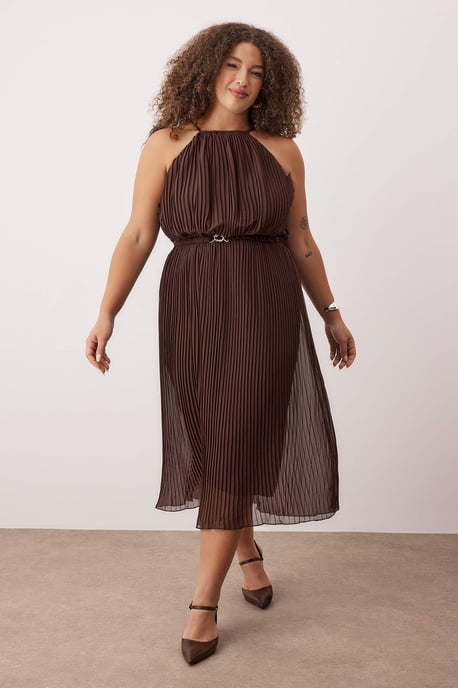 Trendyol Curve Damen Braun Einfarbig Maxi Ärmellos Party Bodycon Große Größen Kleid - Image 1