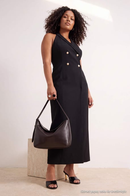 Trendyol Curve Damen Schwarz Einfarbig Maxi Ärmellos Blazer Kleid Große Größen Kleid - Image 1