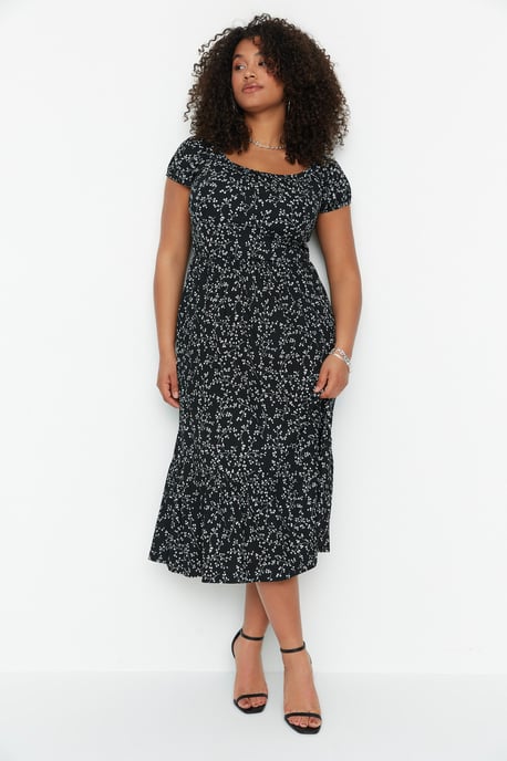 Trendyol Curve Damen Schwarz Geblümt Maxi Kurz Elegant/Abend A-Linie Große Größen Kleid - Image 1