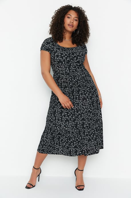 Trendyol Curve Damen Schwarz Geblümt Maxi Kurz Elegant/Abend A-Linie Große Größen Kleid - Image 2
