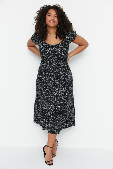 Trendyol Curve Damen Schwarz Geblümt Maxi Kurz Elegant/Abend A-Linie Große Größen Kleid - Image 6