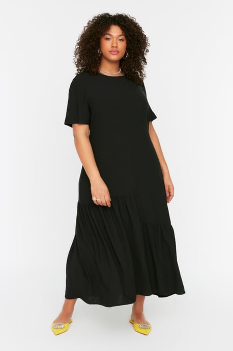 Trendyol Curve Damen Schwarz Einfarbig Maxi Kurz Casual A-Linie Große Größen Kleid - Image 1