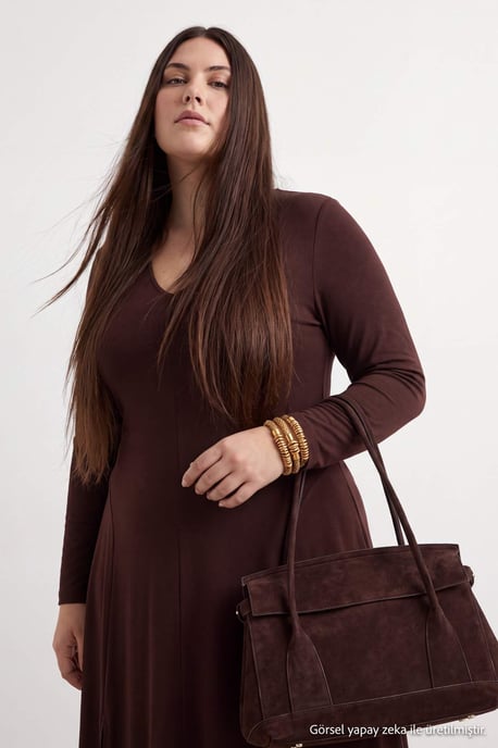 Trendyol Curve Damen Braun Einfarbig Maxi Lang Abend / Alltag A-Linie Große Größen Kleid - Image 1
