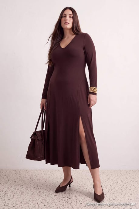 Trendyol Curve Damen Braun Einfarbig Maxi Lang Abend / Alltag A-Linie Große Größen Kleid - Image 2