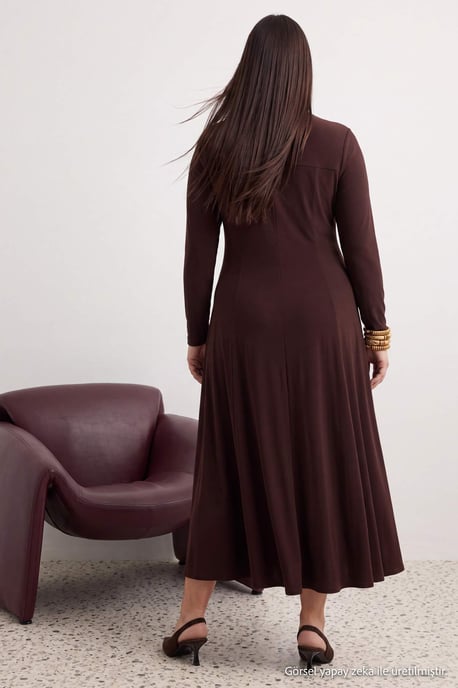 Trendyol Curve Damen Braun Einfarbig Maxi Lang Abend / Alltag A-Linie Große Größen Kleid - Image 3