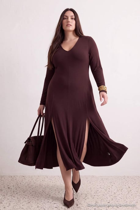 Trendyol Curve Damen Braun Einfarbig Maxi Lang Abend / Alltag A-Linie Große Größen Kleid - Image 6