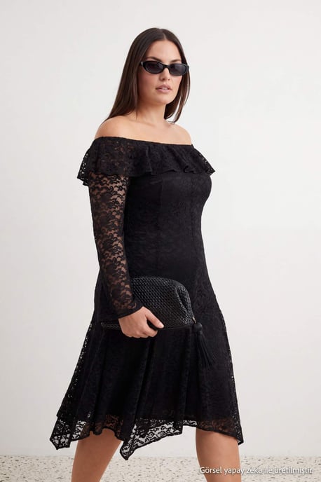 Trendyol Curve Damen Schwarz Einfarbig Maxi Lang A-Linie Große Größen Kleid - Image 1
