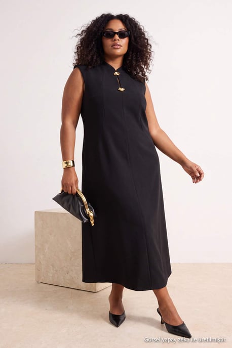 Trendyol Curve Damen Schwarz Einfarbig Maxi Ärmellos Bodycon Große Größen Kleid - Image 6