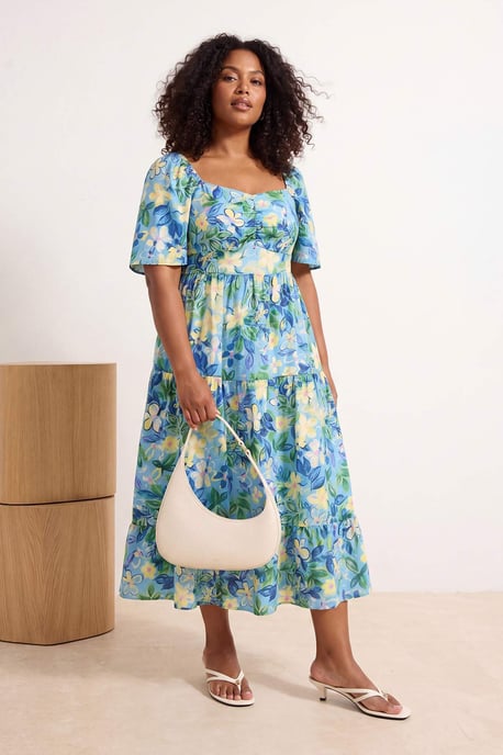 Trendyol Curve Damen Blau Geblümt Maxi 3/4-Arm Casual A-Linie Große Größen Kleid - Image 1