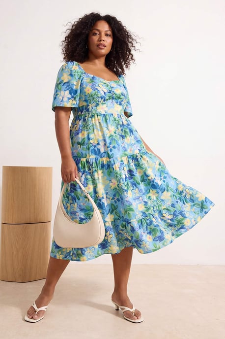 Trendyol Curve Damen Blau Geblümt Maxi 3/4-Arm Casual A-Linie Große Größen Kleid - Image 6