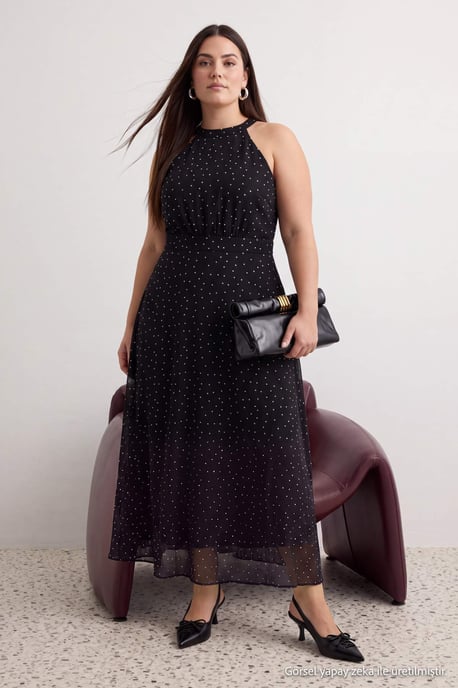 Trendyol Curve Damen Schwarz Gepunktet Maxi Ärmellos A-Linie Große Größen Kleid - Image 1