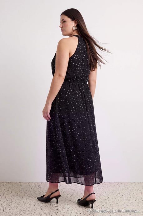 Trendyol Curve Damen Schwarz Gepunktet Maxi Ärmellos A-Linie Große Größen Kleid - Image 2