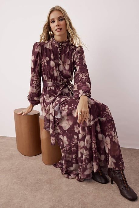 Trendyol Modest Damen Lila Geometrisches Muster Maxi Lang Casual Skater Modest Kleider - Image 1