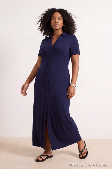 Trendyol Curve Damen Dunkelblau Einfarbig Maxi Kurz Gerade Große Größen Kleid - Image 2