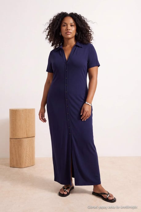 Trendyol Curve Damen Dunkelblau Einfarbig Maxi Kurz Gerade Große Größen Kleid - Image 6