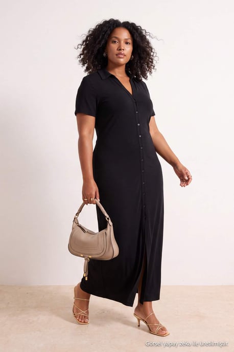 Trendyol Curve Damen Schwarz Einfarbig Maxi Kurz Gerade Große Größen Kleid - Image 1