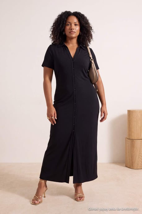 Trendyol Curve Damen Schwarz Einfarbig Maxi Kurz Gerade Große Größen Kleid - Image 2