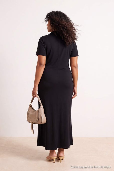 Trendyol Curve Damen Schwarz Einfarbig Maxi Kurz Gerade Große Größen Kleid - Image 3