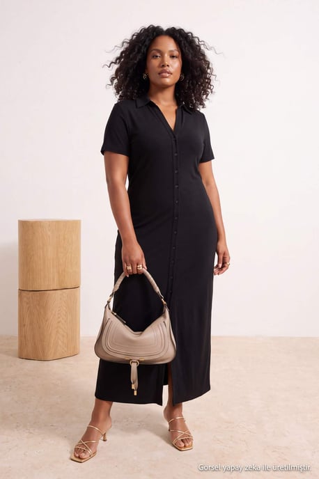 Trendyol Curve Damen Schwarz Einfarbig Maxi Kurz Gerade Große Größen Kleid - Image 6