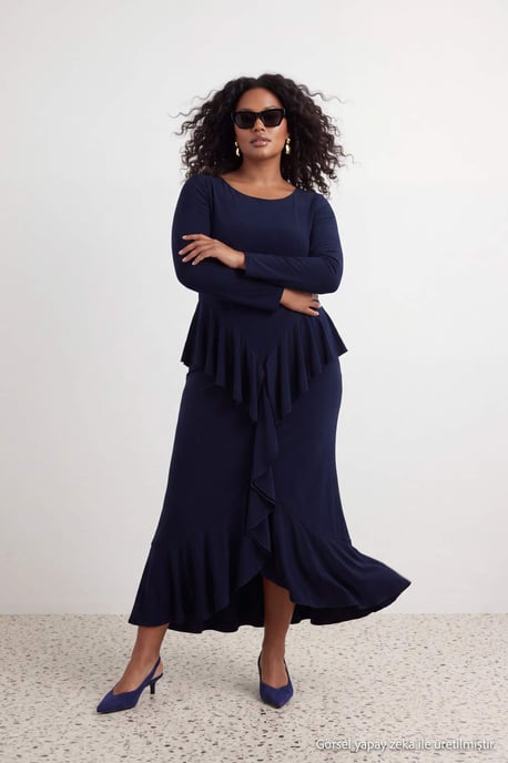 Trendyol Curve Damen Dunkelblau Einfarbig Maxi Lang Bodycon Große Größen Kleid - Image 1