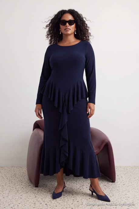 Trendyol Curve Damen Dunkelblau Einfarbig Maxi Lang Bodycon Große Größen Kleid - Image 2