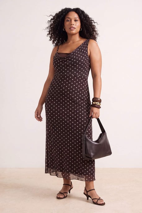 Trendyol Curve Damen Braun Gepunktet Maxi Ärmellos A-Linie Große Größen Kleid - Image 6