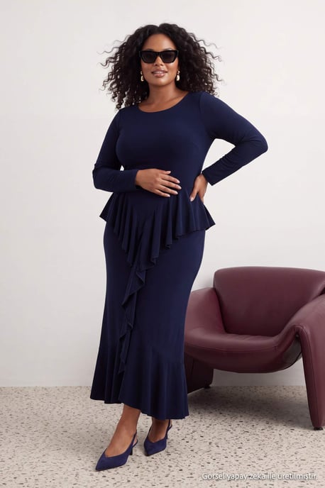 Trendyol Curve Damen Dunkelblau Einfarbig Maxi Lang Bodycon Große Größen Kleid - Image 6