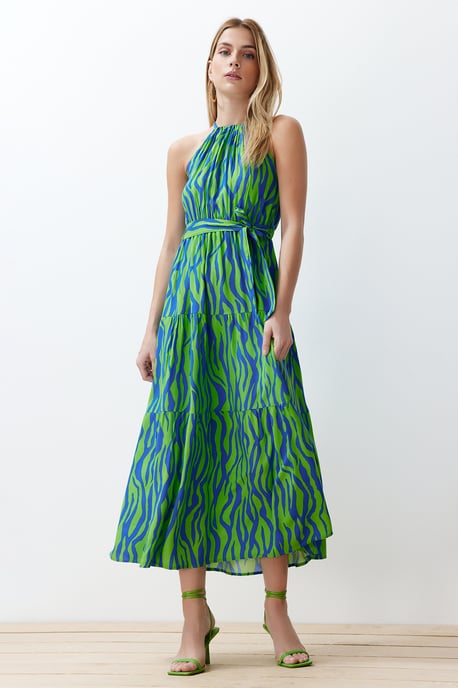 TRENDYOLMİLLA Damen Blau Animal-Print Maxi Ärmellos Abend / Alltag Gerade Kleider - Image 3